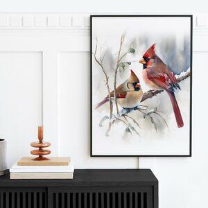 16x20 Northern Red Cardinal Love Birds Watercolor Oil Painting Poster‎